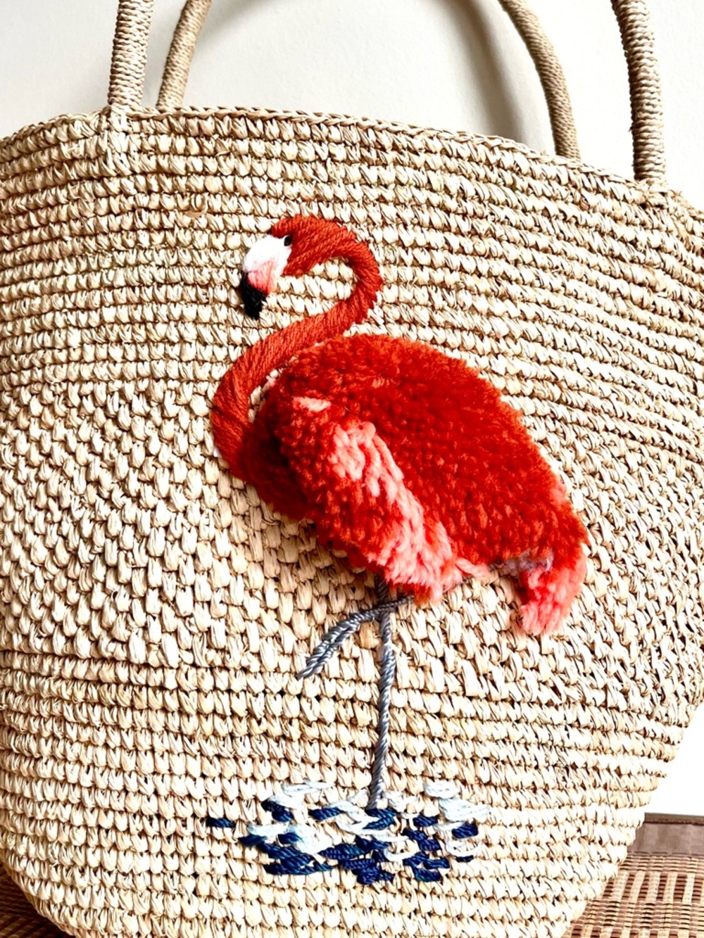 Handmade Raffia Tote Bag with Embroidered Flamingo - Picture 4 of 15